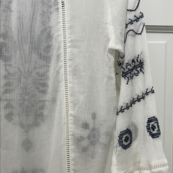 Monoreno Cotton Bohemian White Gauzy Blouse with Navy Embroidery - Size Small - Picture 12 of 14